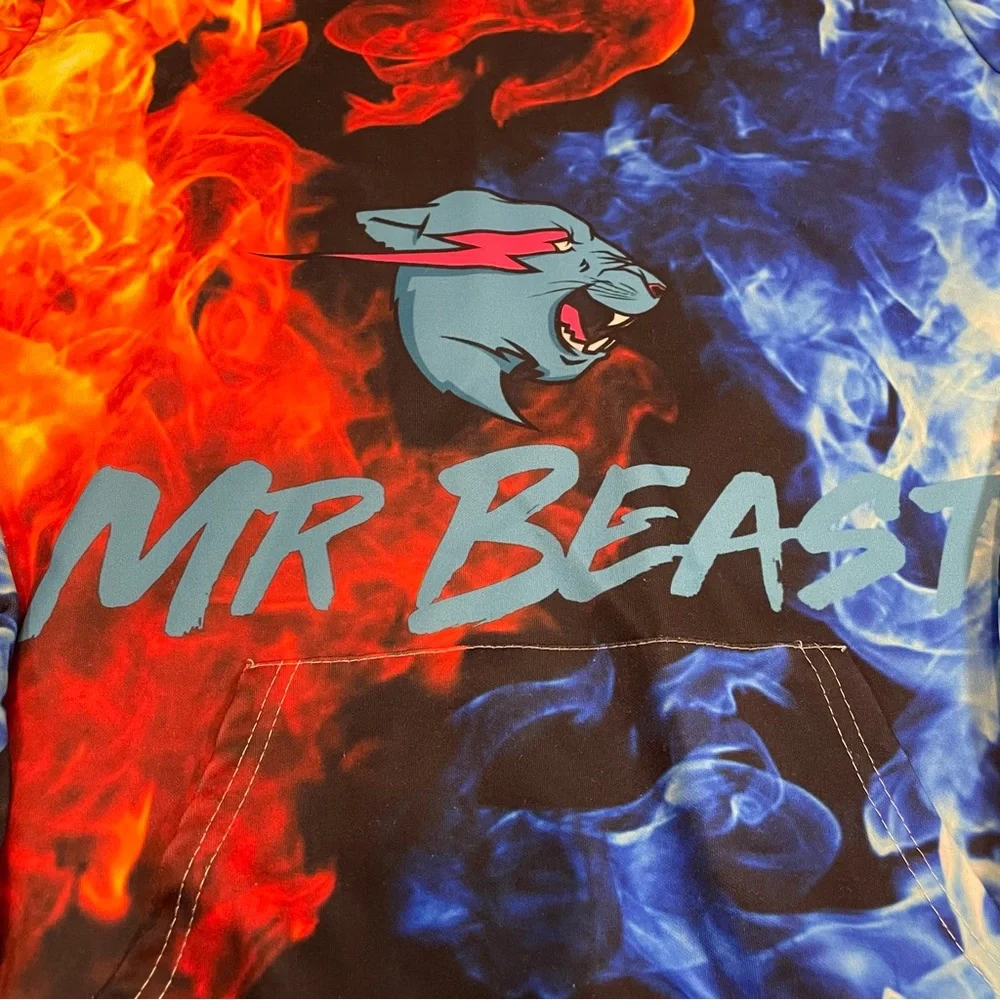 Mr Beast Hoodie XL All Over Fire Ice Flame Print Blue Orange Pullover Sweatshirt